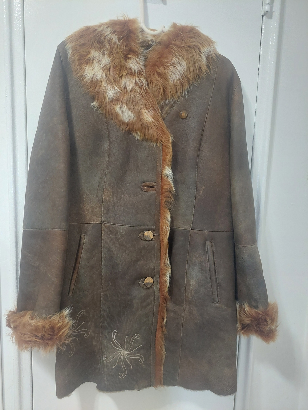 Faracci Genuine Shearling Coat Brown Fur Trim Size XL